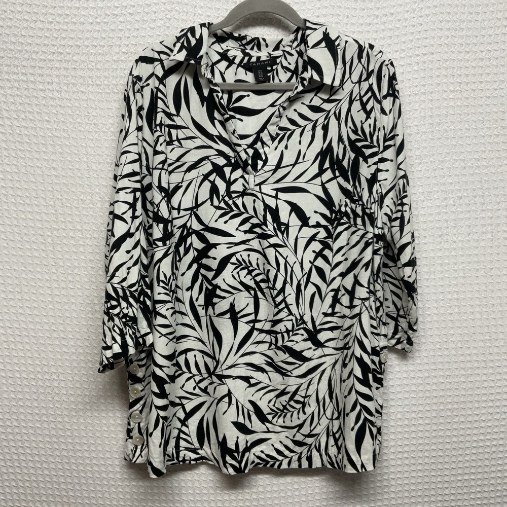 Tahari‎ Black White Leaf Print Linen Tunic Top 3/4 Sleeve Y-Neck Women's Size 1X